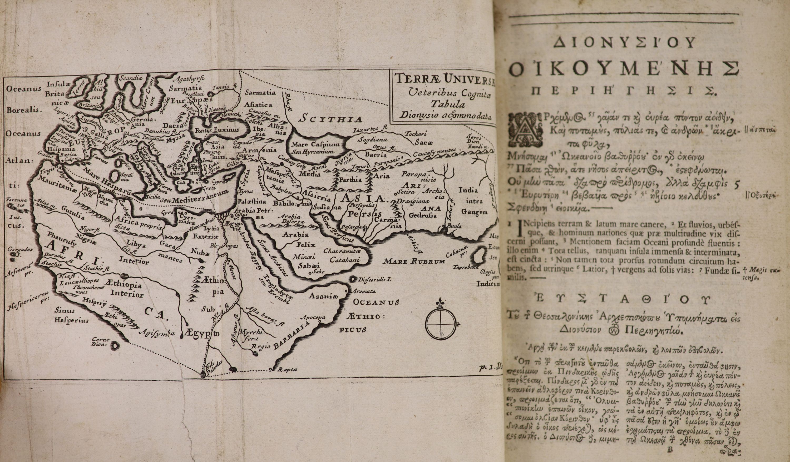 Dionysius, Periegeles - (Gk title). Orbis Descriptio, annotationibus Eustathii, Henr. Stephani, necnon Guilielmi Hill Commentario ..... 8 folded maps (incl. the spheres plate); text engravings; old blind ruled calf, some